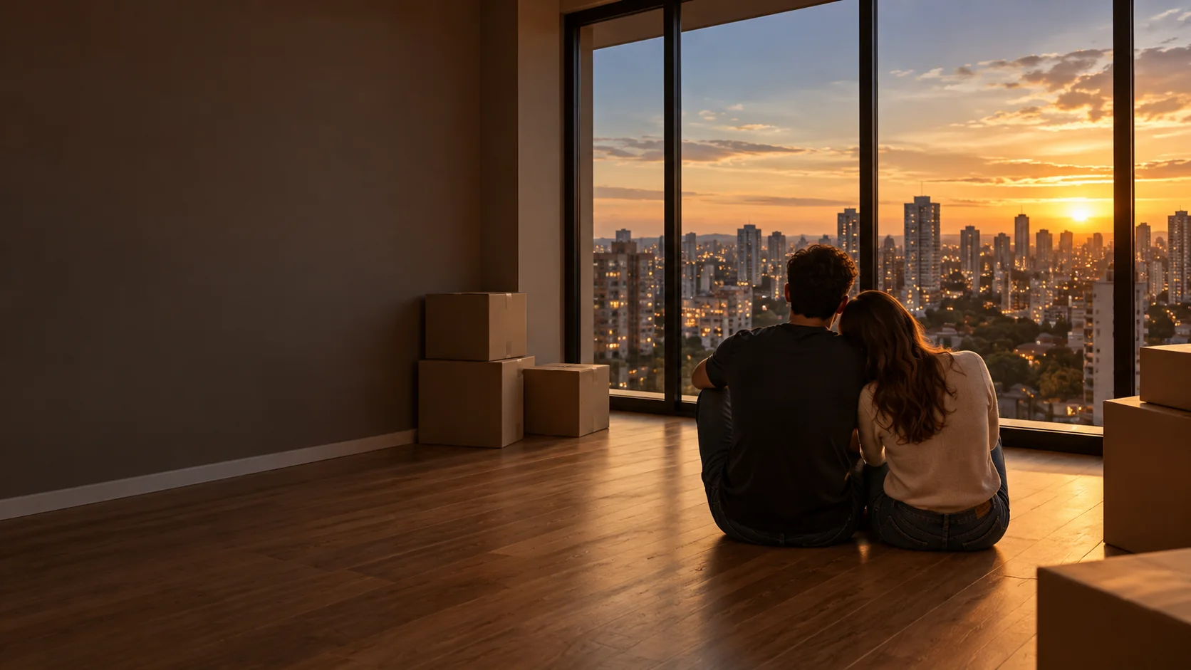 Casal sentado no chão de um apartamento novo, olhando a cidade pela janela ao entardecer